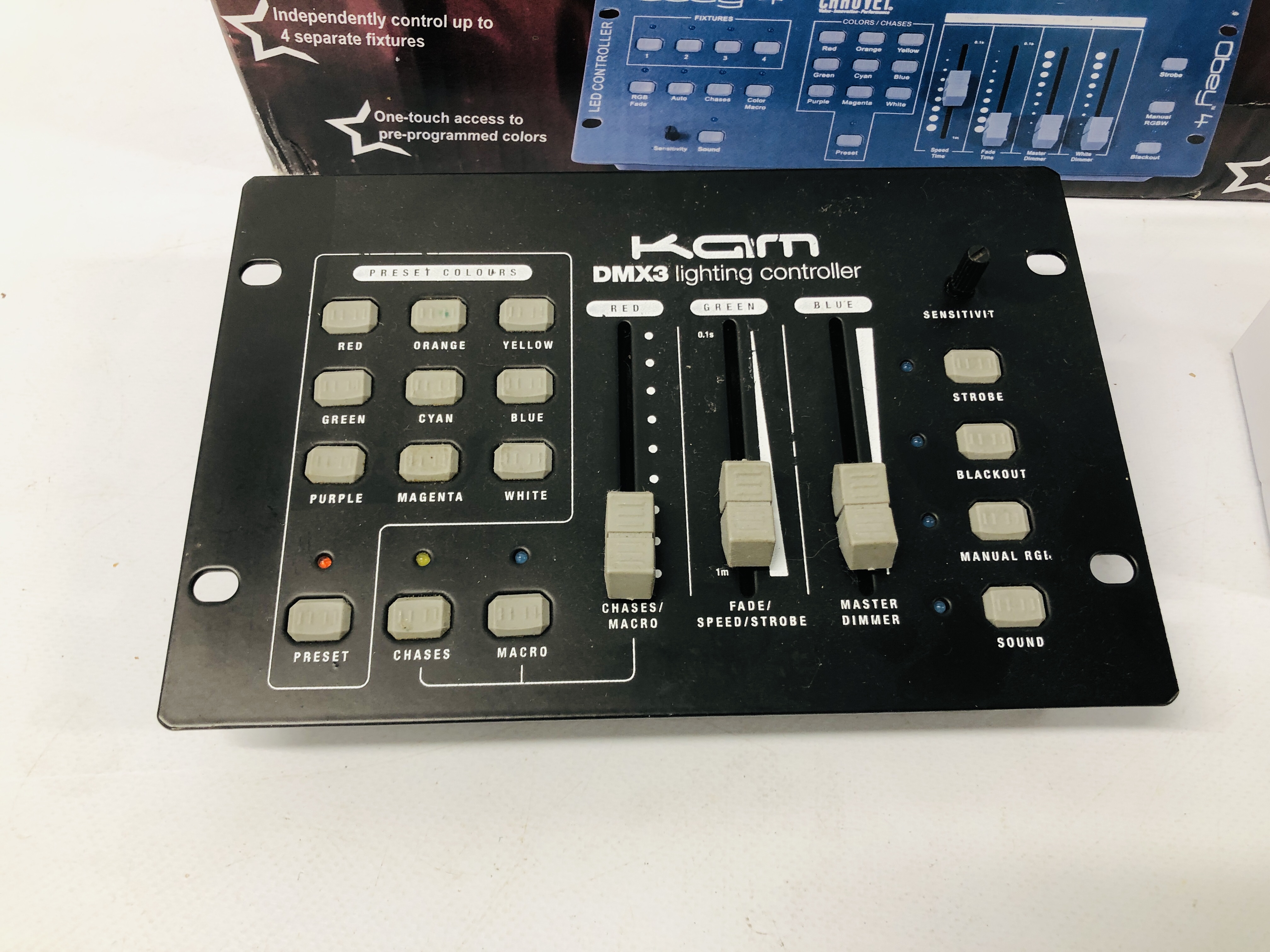 A KAM DMX3 LIGHTING CONTROLLER ALONG WITH A CHAUVET OBEY4 LIGHTING CONTROLLER - SOLD AS SEEN - Image 2 of 6