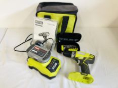 RYOBI 18 VOLT CORDLESS POWER DRILL MODEL RCD 1802 WITH CARRY CASE, CHARGER, BATTERY,