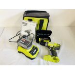 RYOBI 18 VOLT CORDLESS POWER DRILL MODEL RCD 1802 WITH CARRY CASE, CHARGER, BATTERY,