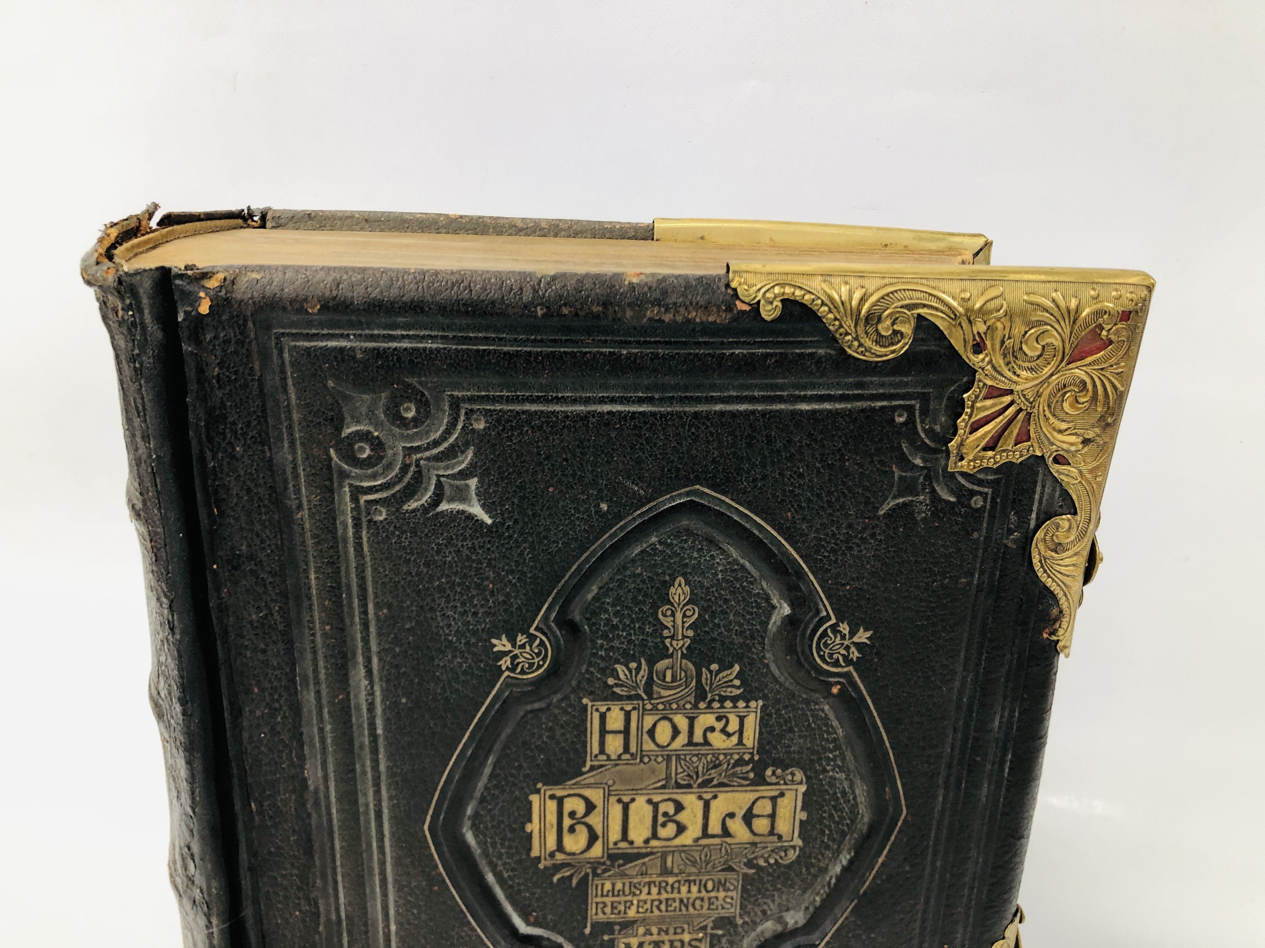 ANTIQUE LEATHER BOUND HOLY BIBLE WITH BRASS BANDING - Image 2 of 6