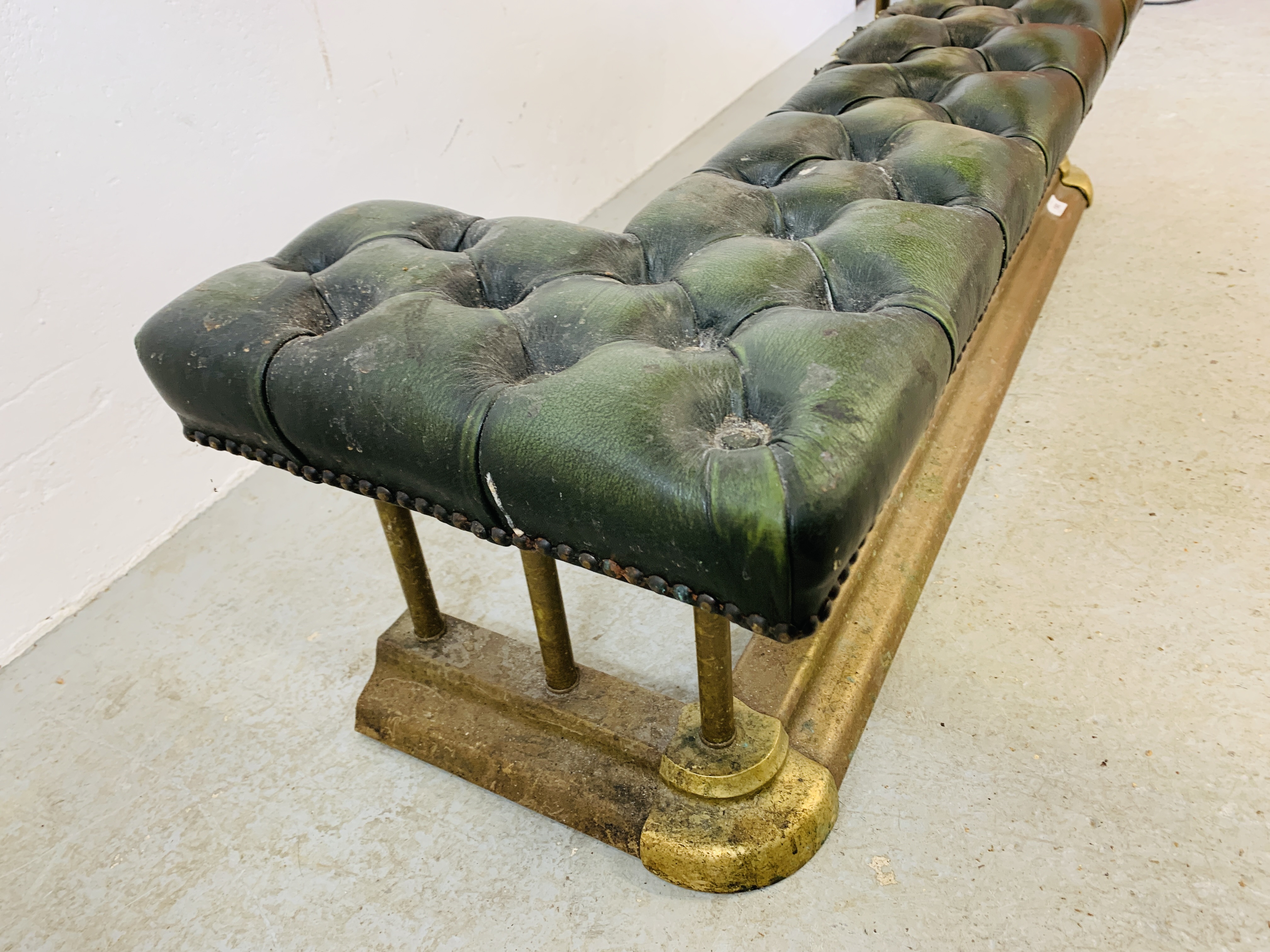 A BRASS FIRE CURB SEAT, THE GREEN LEATHER BUTTON BACK SEAT REQUIRING RESTORATION - MAX. - Image 8 of 10