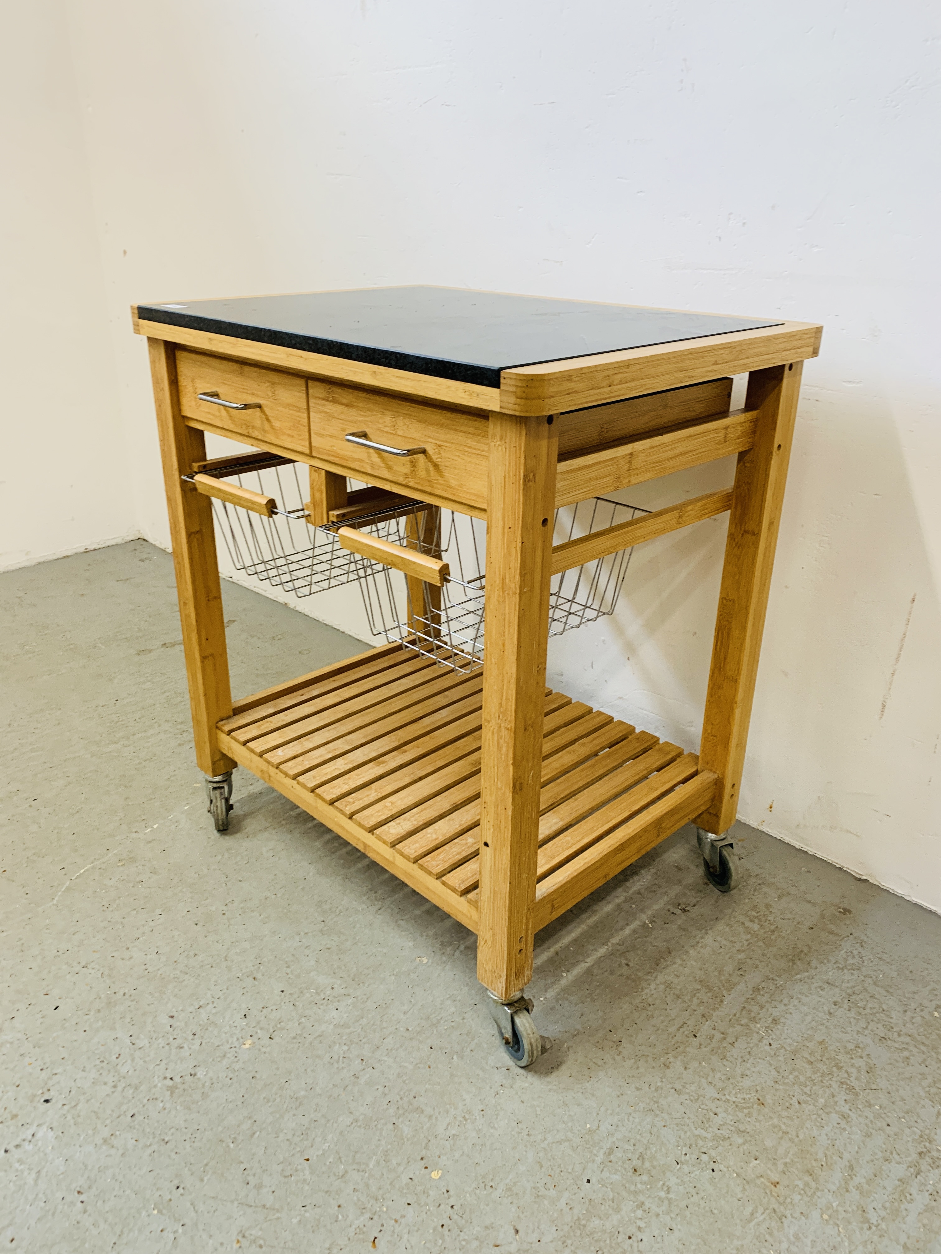 A TWO DRAWER KITCHEN WORKSTATION WITH SOLID GRANITE PREPARATION TOP, WHEELED. - Image 2 of 12