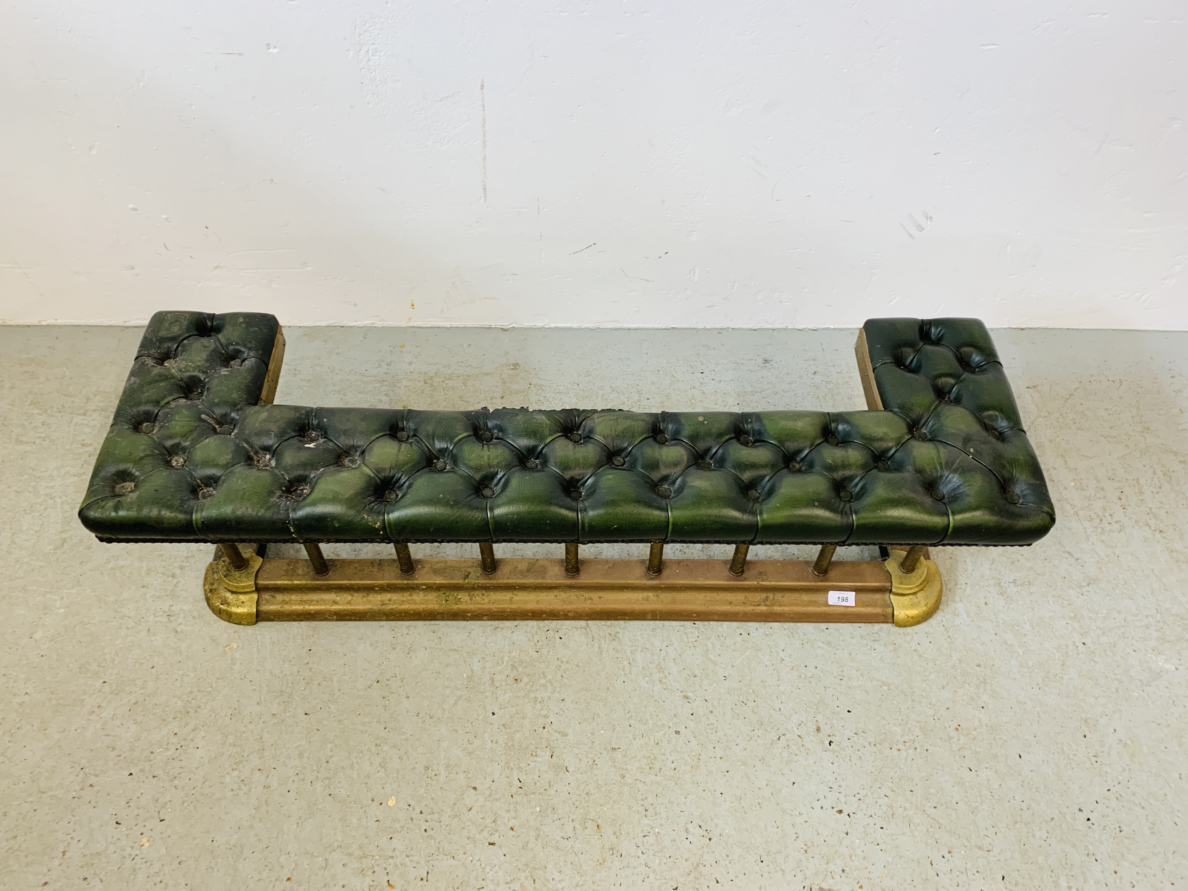 A BRASS FIRE CURB SEAT, THE GREEN LEATHER BUTTON BACK SEAT REQUIRING RESTORATION - MAX. - Image 2 of 10