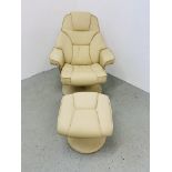 A CREAM LEATHERETTE RELAXER CHAIR AND MATCHING FOOT STOOL.