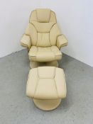 A CREAM LEATHERETTE RELAXER CHAIR AND MATCHING FOOT STOOL.