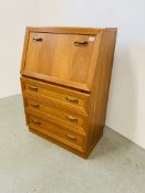 A G PLAN RETRO TEAK THREE DRAWER WRITING BUREAU W 76CM, D 46CM, H 112CM.