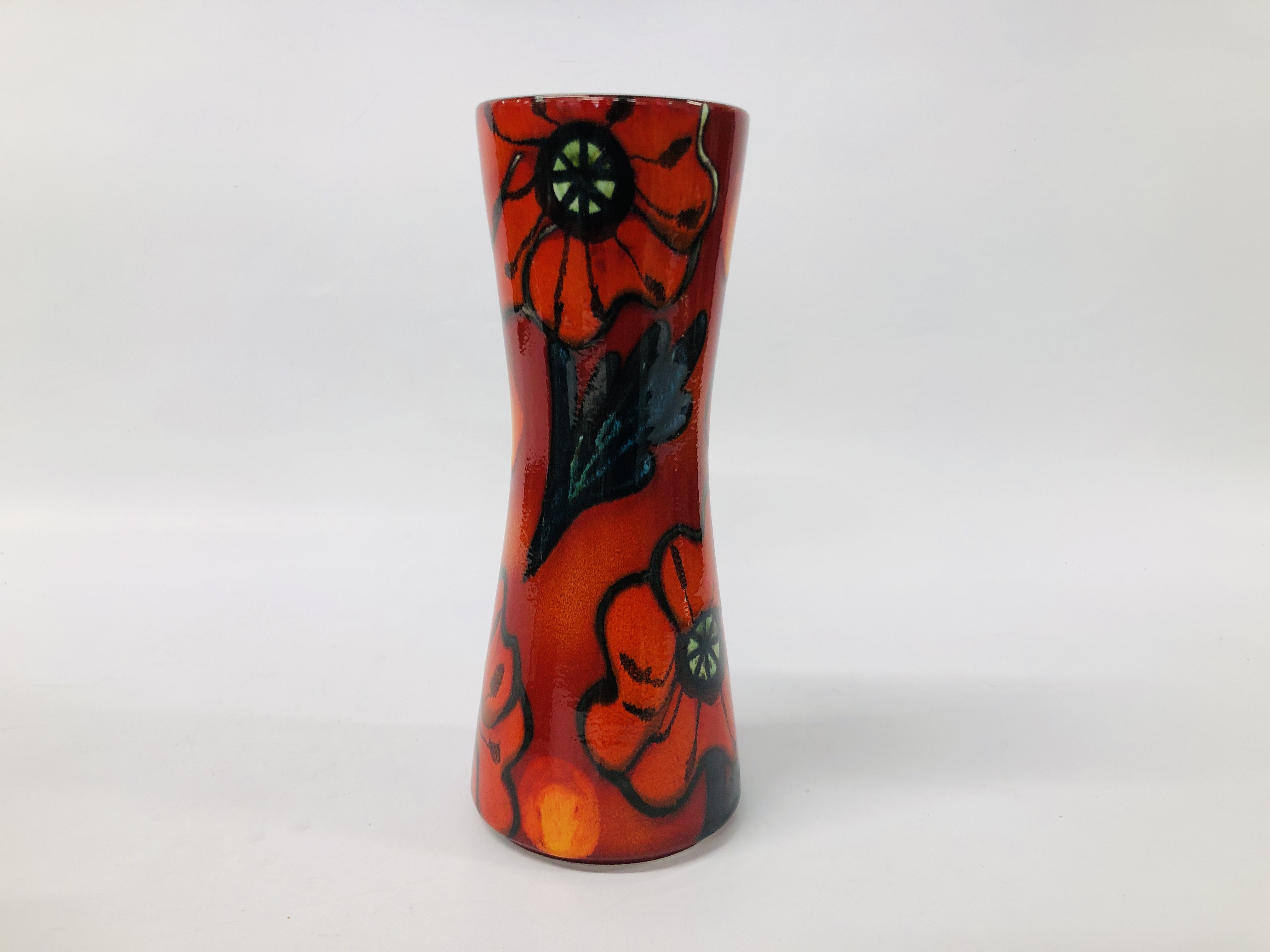 A POOLE POTTERY 'POPPYFIELD' HOURGLASS 24CM VASE WITH ORIGINAL BOX.