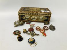 VINTAGE PERSIAN BOX AND CONTENTS TO INCLUDE VARIOUS ENAMELED BADGES, SILVER DARTS MEDALS,