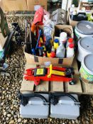 SHED TOOLS AND SUNDRIES TO INCLUDE 2 X 2 TONNE HYDRAULIC TROLLEY JACKS,
