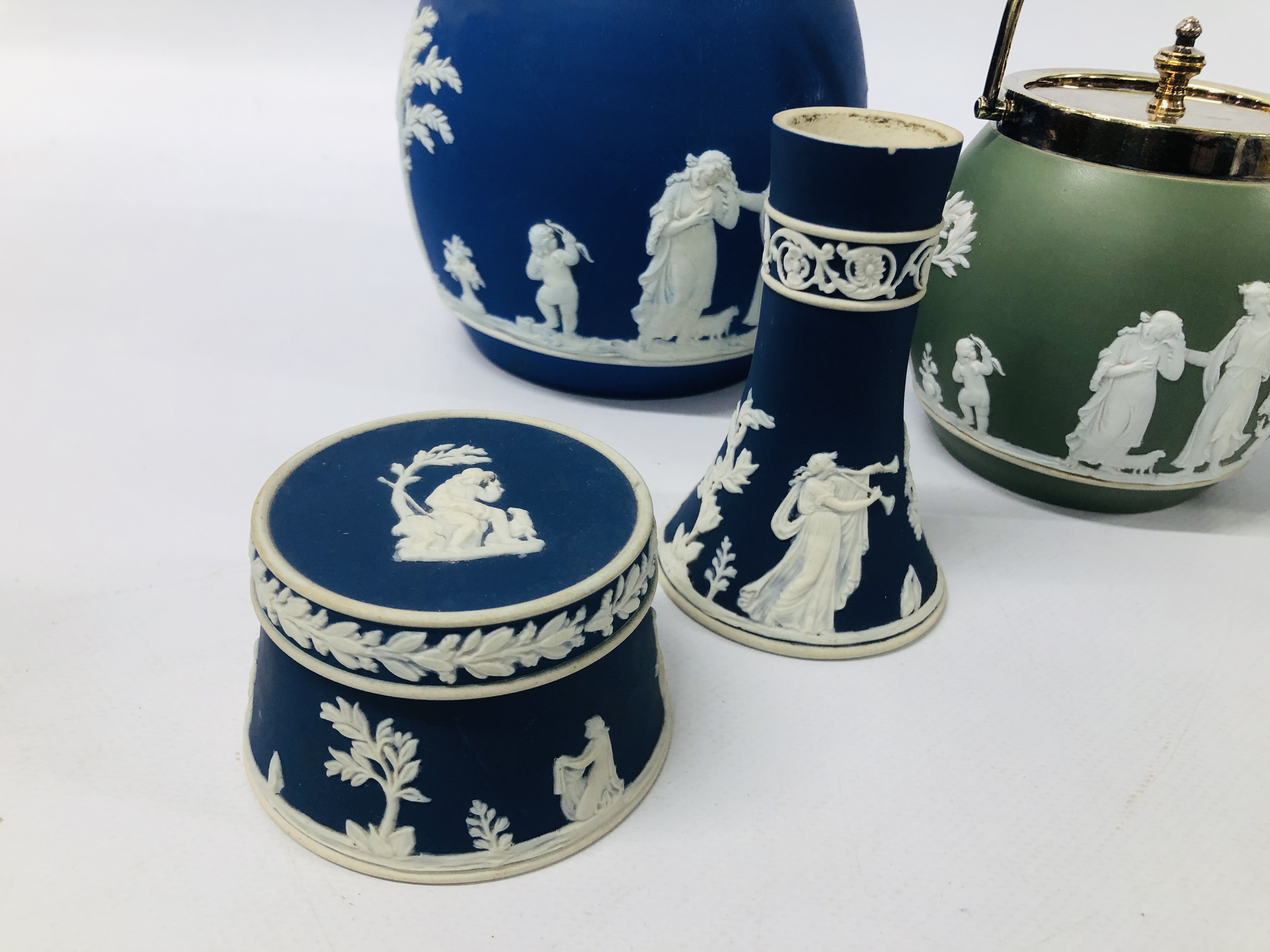 JASPERWARE BISCUIT BARRELS AND VASES TO INCLUDE WEDGWOOD - Image 2 of 6