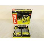 RYOBI 18 VOLT ONE+ CORDLESS JIGSAW BODY MODEL R18JS-0 BOXED AS NEW + RYOBI CASE OF JIGSAW BLADES -