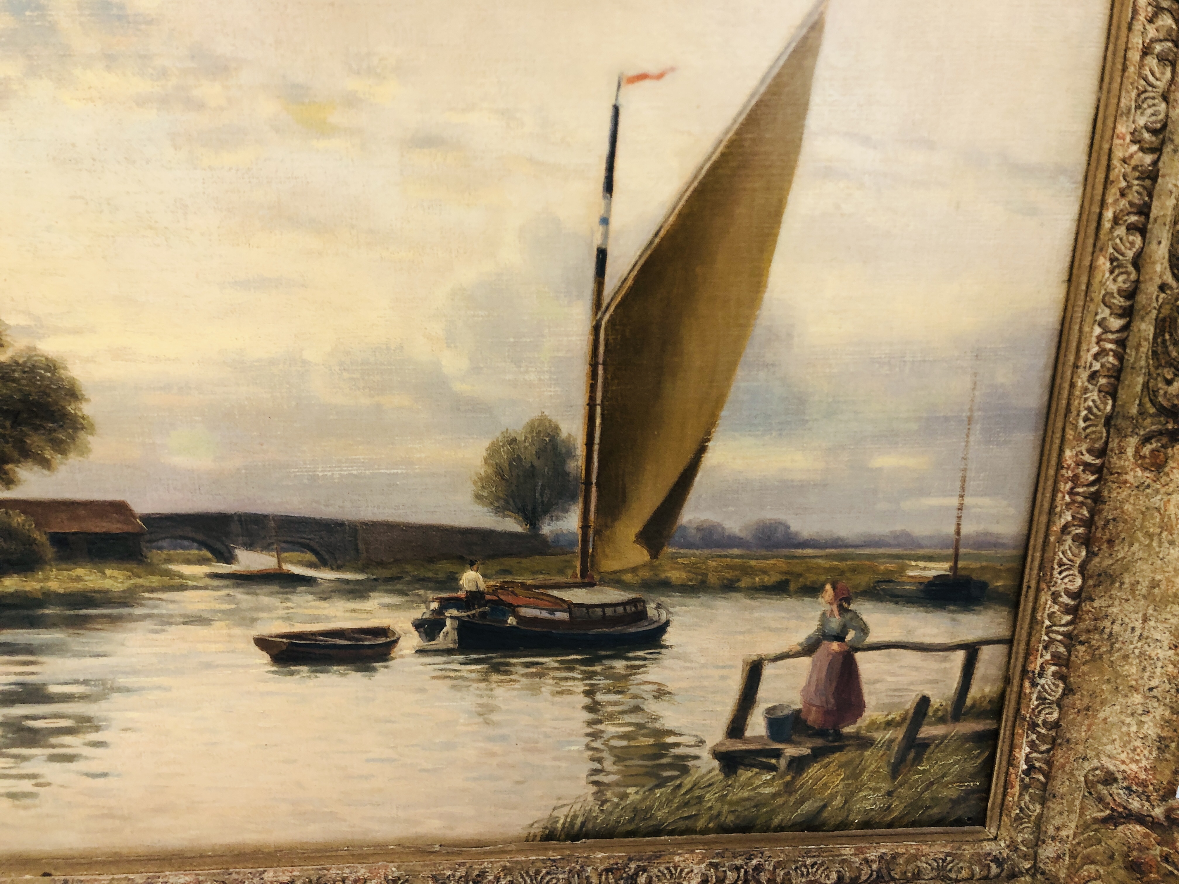 FRAMED OIL ON CANVAS "ACLE BRIDGE" BEARING SIGNATURE ROBERT BAGGE SCOTT 1849 - 1925. - Image 5 of 9