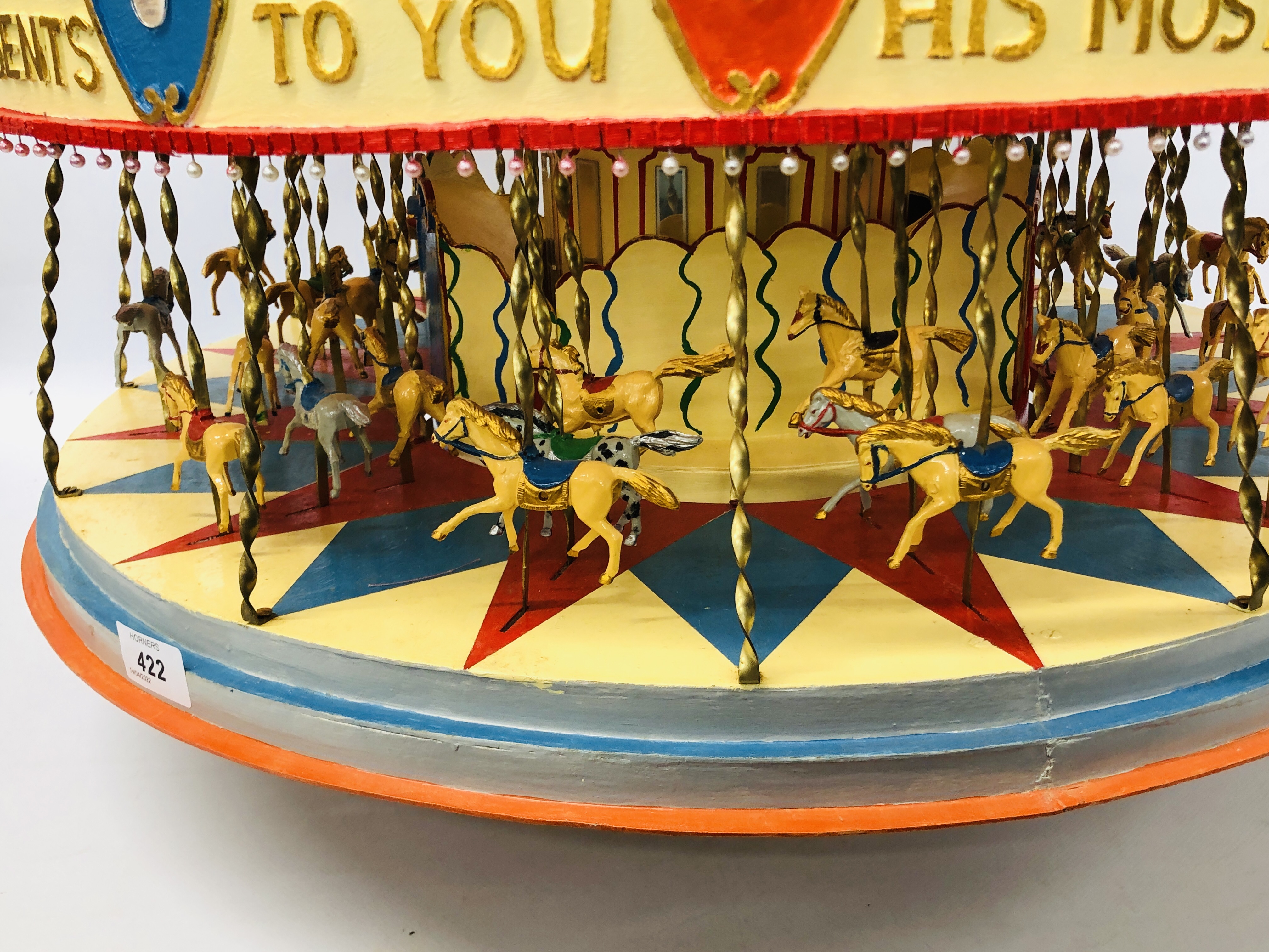 A VINTAGE HANDCRAFTED WOODEN MODEL OF A FAIRGROUND CAROUSEL WITH MOTORISED ACTION AND LIGHTS - - Image 4 of 10