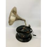 A TABLE TOP WIND UP HORN GRAMOPHONE MARKED "HIS MASTERS VOICE".