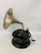 A TABLE TOP WIND UP HORN GRAMOPHONE MARKED "HIS MASTERS VOICE".