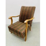 A 1950'S OPEN ARMCHAIR WITH STRIPED UPHOLSTERY DATED 12 NOV 1951
