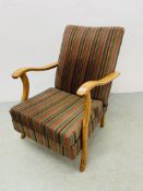 A 1950'S OPEN ARMCHAIR WITH STRIPED UPHOLSTERY DATED 12 NOV 1951
