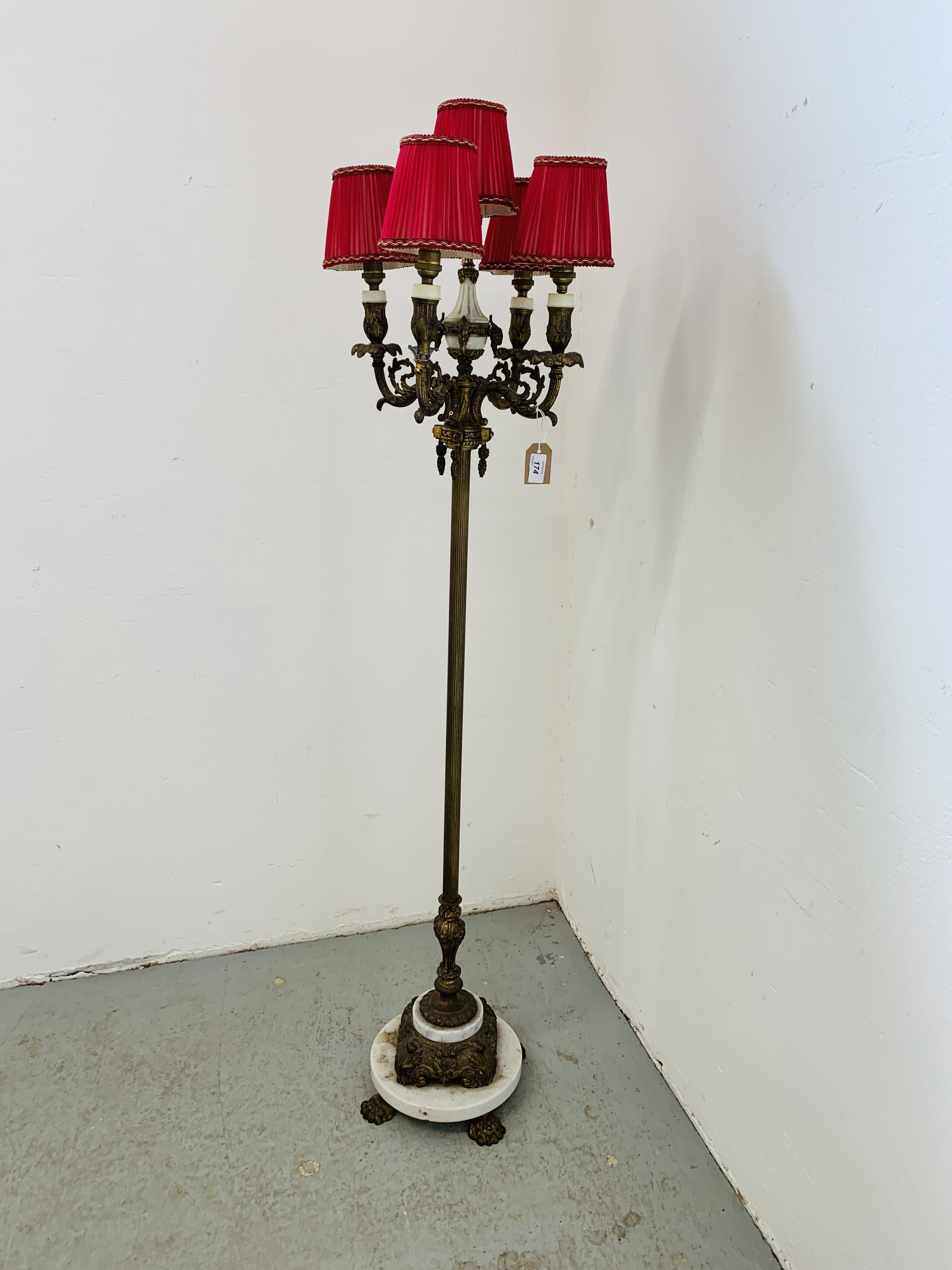 A CORINTHIAN COLUMN FLOOR STANDING FIVE BRANCH LAMP STANDARD THE BASE WITH MARBLE PLATFORM AND CLAW