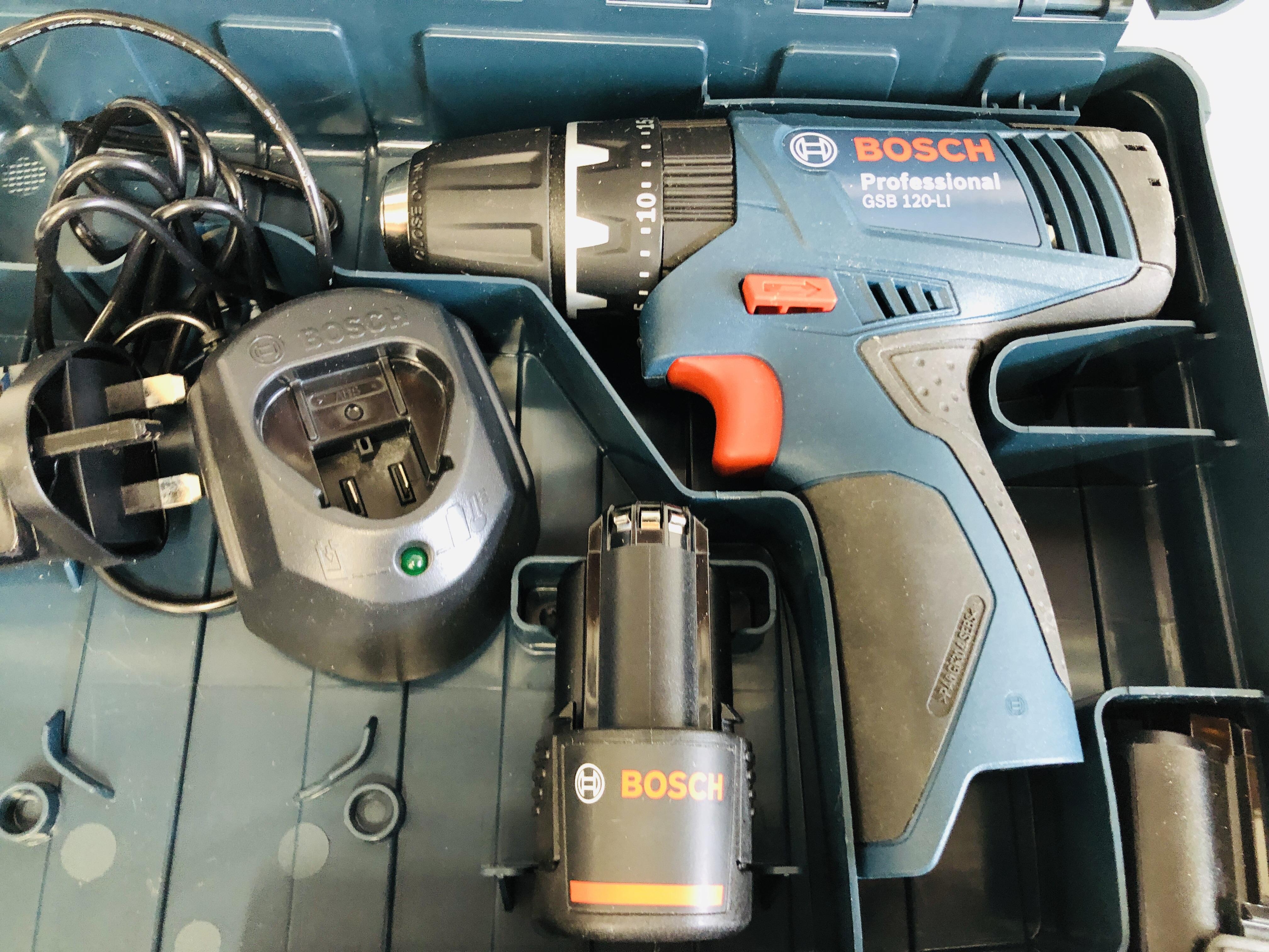 BOSCH GSB 120-LI CORDLESS POWER DRILL CASED WITH CHARGER AND TWO BATTERIES (APPEARS UNUSED) - SOLD - Image 2 of 2