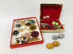 COLLECTION OF VINTAGE AND RETRO BROOCHES MANY STONE SET ALONG WITH VARIOUS EARRINGS