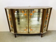 A 1950's CHINA DISPLAY CABINET THE GLASS WITH TRANSFER PRINTED ROSE DECORATION MANUFACTURED BY