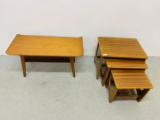 A MYER OCCASIONAL TABLE WITH LOWER SHELF ALONG WITH NEST OF THREE TABLES