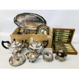 BOX OF ASSORTED LOOSE SILVER PLATED CUTLERY, 3 PIECE TEASET, PIERCED CIRCULAR COASTERS ETC.