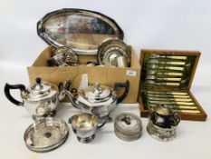 BOX OF ASSORTED LOOSE SILVER PLATED CUTLERY, 3 PIECE TEASET, PIERCED CIRCULAR COASTERS ETC.