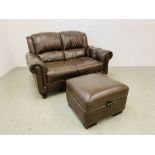 A DARK TAN LEATHER 2 SEATER SOFA WITH MATCHING FOOTSTOOL.
