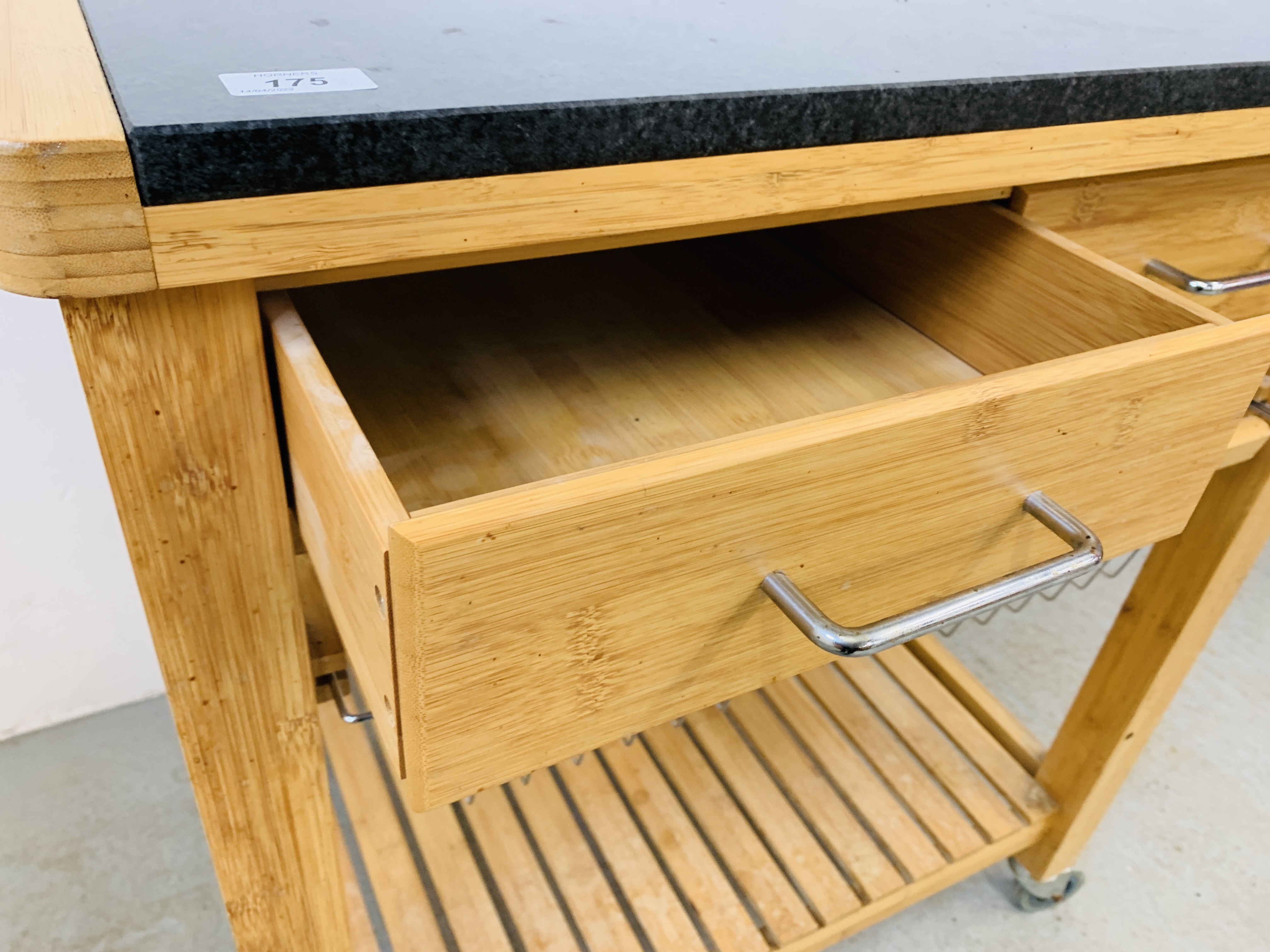 A TWO DRAWER KITCHEN WORKSTATION WITH SOLID GRANITE PREPARATION TOP, WHEELED. - Image 11 of 12
