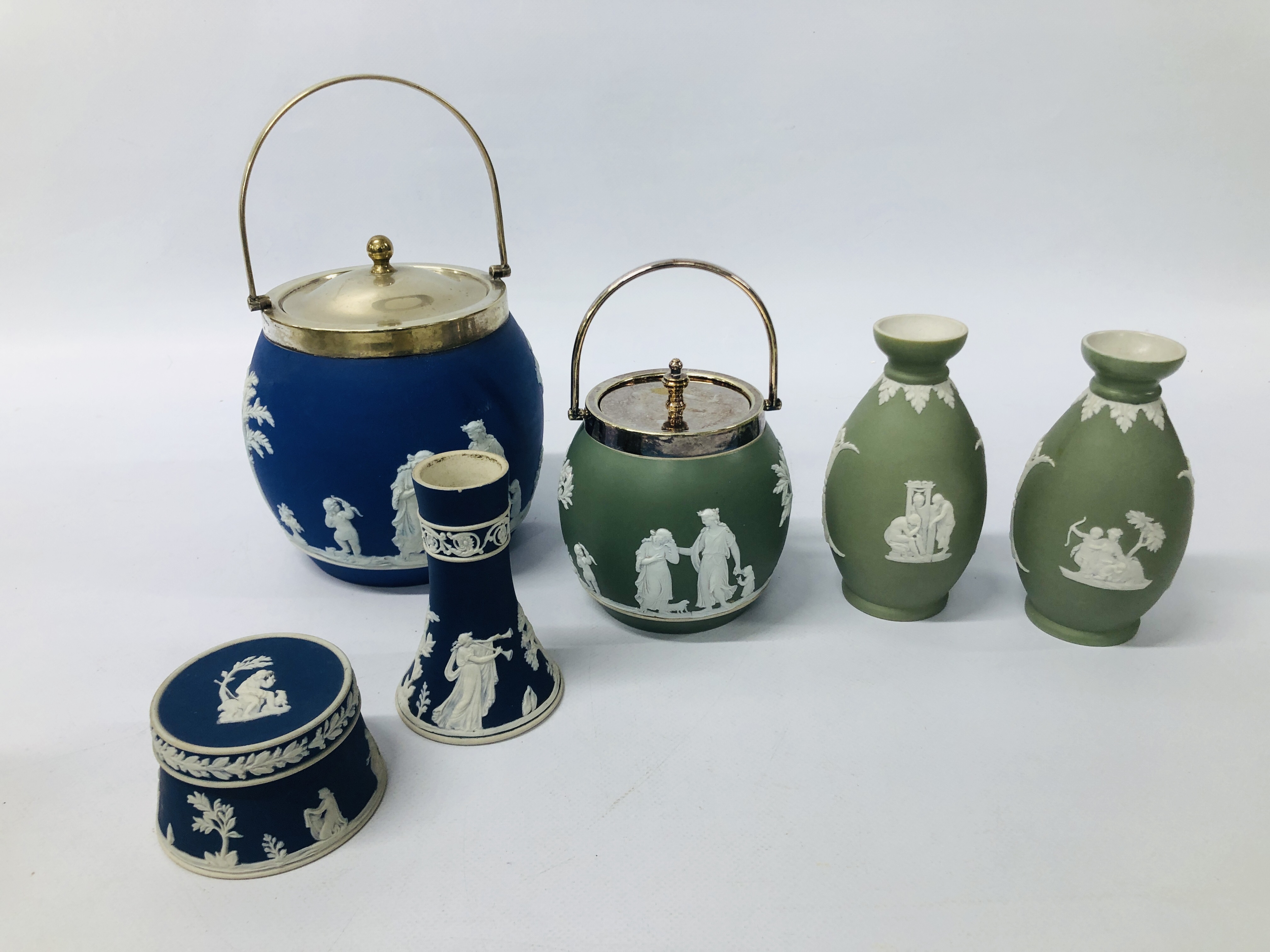 JASPERWARE BISCUIT BARRELS AND VASES TO INCLUDE WEDGWOOD