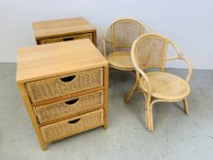 PAIR OF PINE 2 DRAWER STORAGE UNITS WITH BASKET DRAWERS + PAIR OF CANE LOW SEATED CHAIRS.