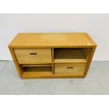 A SOLID OAK LAURA ASHLEY TWO DRAWER ENTERTAINMENT UNIT LENGTH 110CM. HEIGHT 68.5CM. WIDTH 40.5CM.