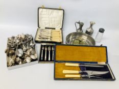 BOX OF ASSORTED LOOSE CUTLERY TO INCLUDE SOUVENIR SPOONS, CASED CUTLERY AND A PEWTER DISH AND VASE,