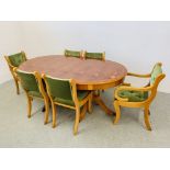 AN EXTENDING TWIN PEDESTAL REPRODUCTION YEW FINISH DINING TABLE 180 X 106CM.