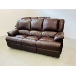 TWO BROWN LEATHER THREE SEATER SOFAS - ONE BEING A RECLINER