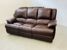 TWO BROWN LEATHER THREE SEATER SOFAS - ONE BEING A RECLINER