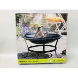 A BOXED SERENITY STEEL FIRE PIT HEIGHT 41CM. DEPTH 51CM.