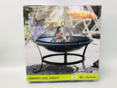 A BOXED SERENITY STEEL FIRE PIT HEIGHT 41CM. DEPTH 51CM.