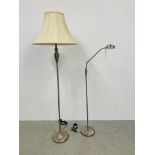 A MODERN BRUSHED STAINLESS STEEL FINISH LAMP STANDARD WITH CREAM SHADE ALONG WITH A MODERN BRUSHED