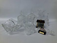 A COLLECTION OF GOOD QUALITY GLASS WARE INCLUDING CRYSTAL AND VASES, JARS, BELLS, SHIP IN BOTTLE.