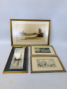 PAIR OF SHIPPING RELATED WATERCOLOURS + FRAMED WATERCOLOUR "FISHING BOAT" BEARING SIGNATURE