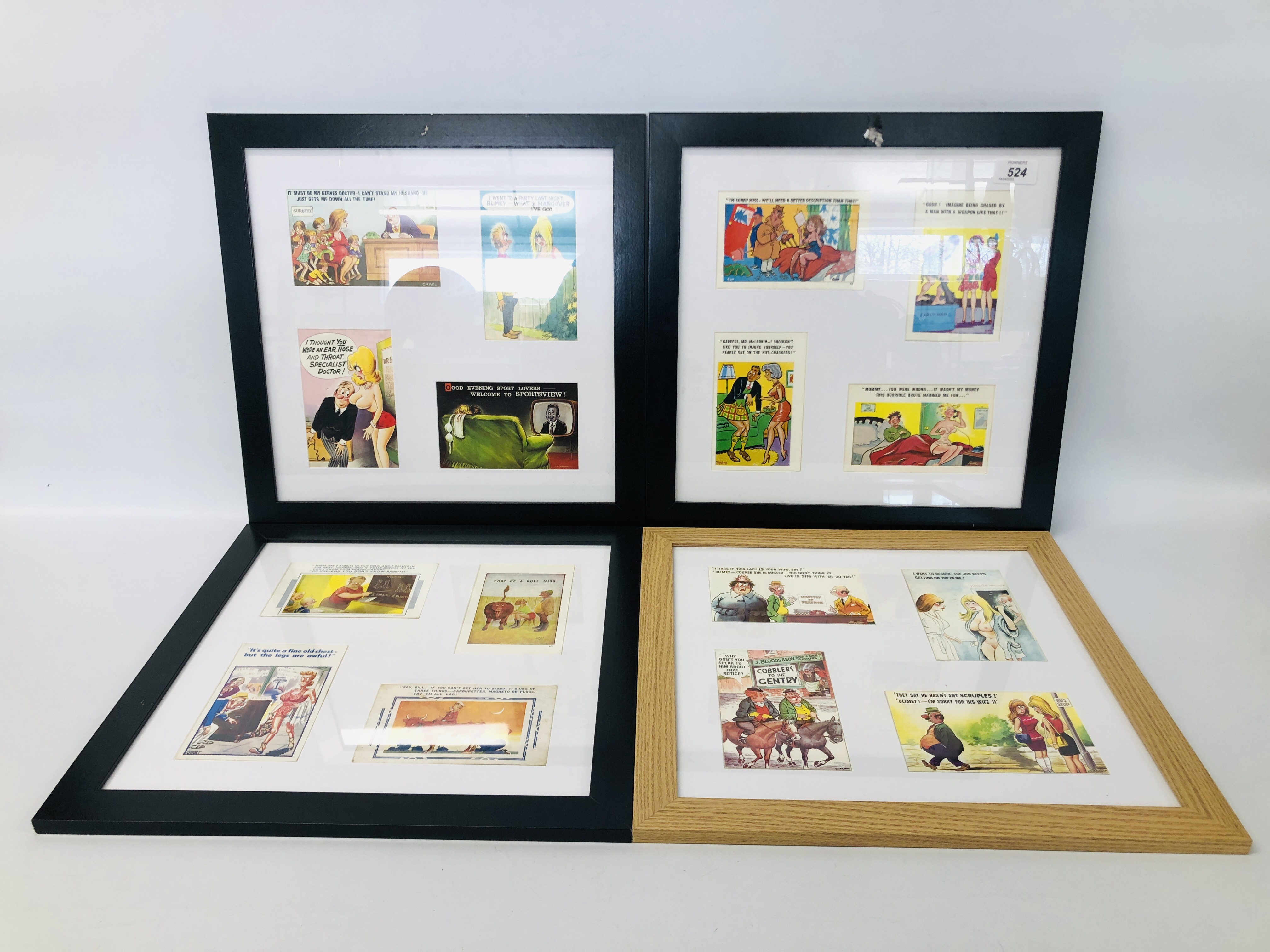 THREE FRAMED COMICAL POSTCARD DISPLAYS