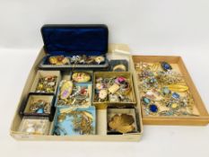 EXTENSIVE COLLECTION OF VINTAGE BROOCHES AND EARRINGS MANY STONE SET ALONG WITH TWO VINTAGE WATCH
