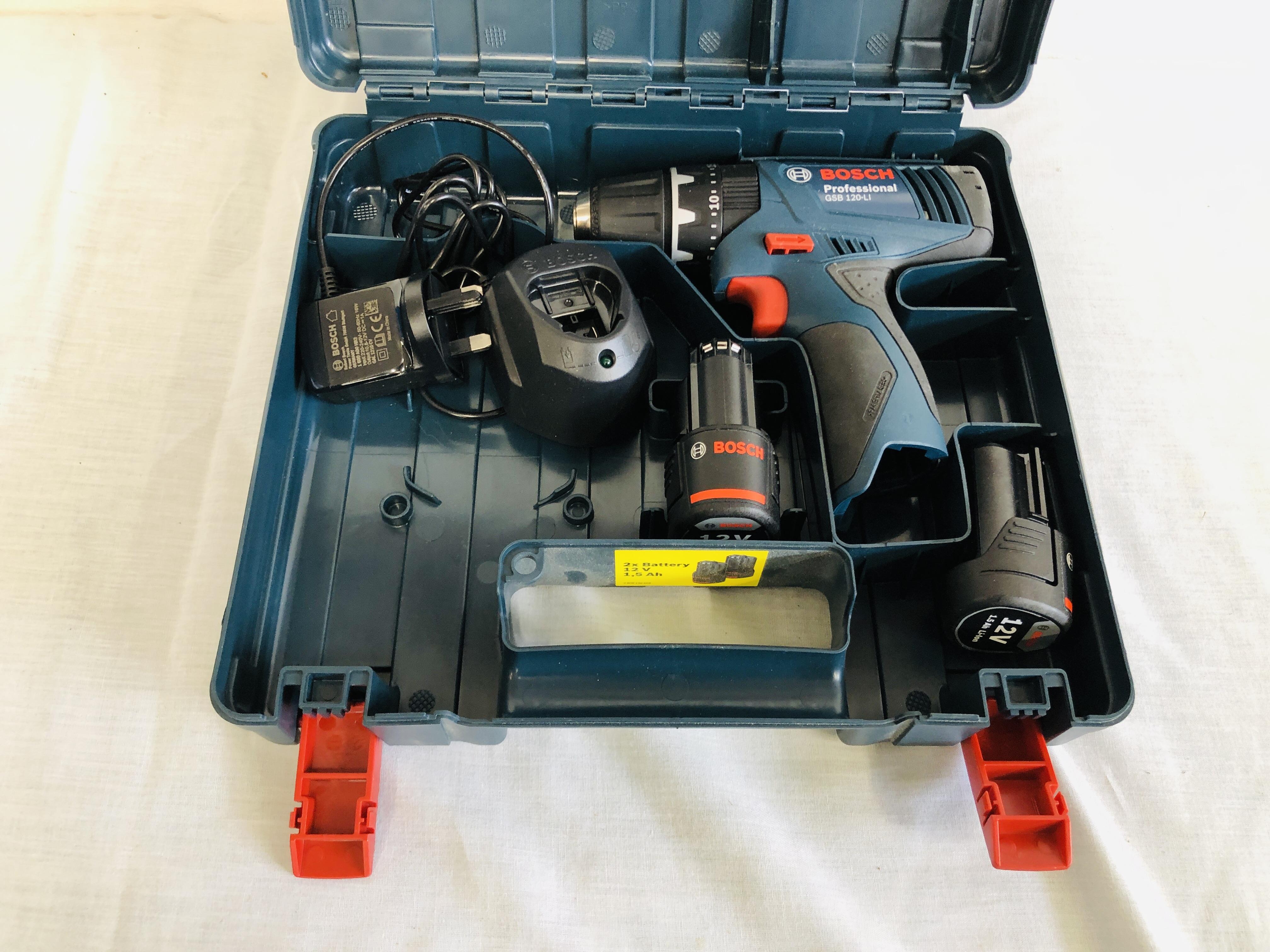 BOSCH GSB 120-LI CORDLESS POWER DRILL CASED WITH CHARGER AND TWO BATTERIES (APPEARS UNUSED) - SOLD
