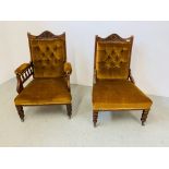 A SET OF EDWARDIAN MAHOGANY FRAMED LADIES AND GENTLEMANS EASY CHAIRS - GOLD VELOUR UPHOLSTERY.