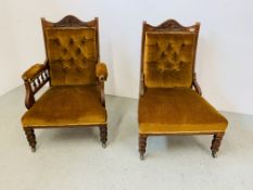 A SET OF EDWARDIAN MAHOGANY FRAMED LADIES AND GENTLEMANS EASY CHAIRS - GOLD VELOUR UPHOLSTERY.