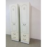 2 MODERN WHITE FINISH SINGLE WARDROBES EACH WITH 2 DRAWERS TO BASE W 46CM, D 54CM, H 194CM EACH.