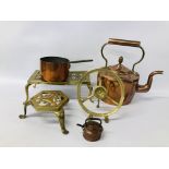 BOX OF ASSORTED VINTAGE METAL WARES TO INCLUDE COPPER TEAPOT,