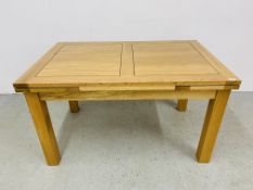 A QUALITY MODERN SOLID OAK EXTENDING DINING TABLE 140CM X 90CM, EXTENDED 220CM.